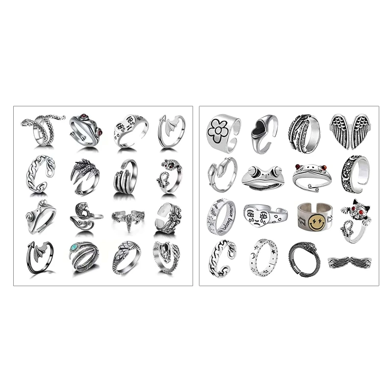 

16 Pcs European and American Retro Ring Set Combination Animal Ring for FROG Snake Eagle Claw Winding Adjustable Jewelry