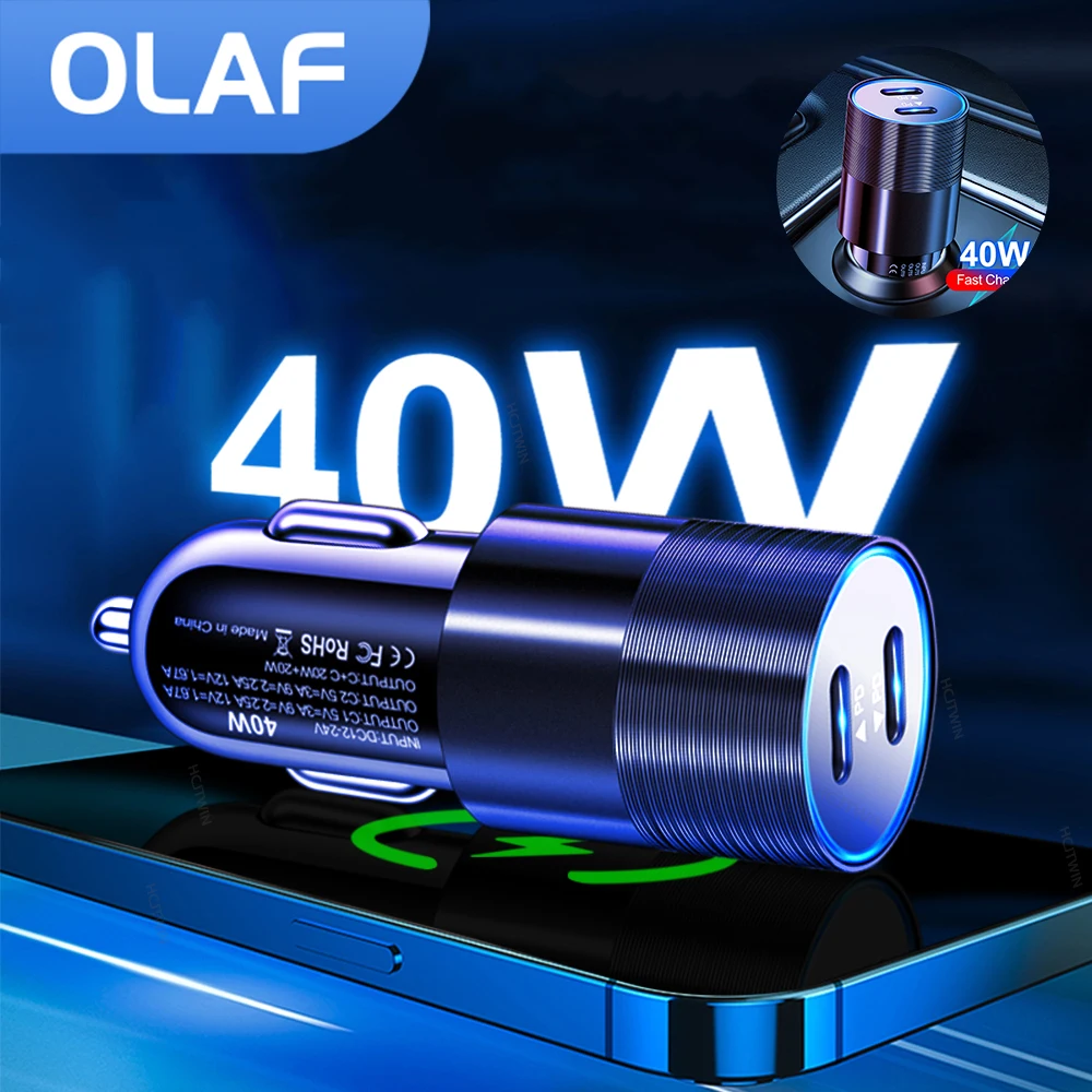 

40W Dual PD Car Charger Fast Charging Type C Car Phone Fast Charger For iPhone 13 12 11 Pro Max Xiaomi Huawei Universal Adapter