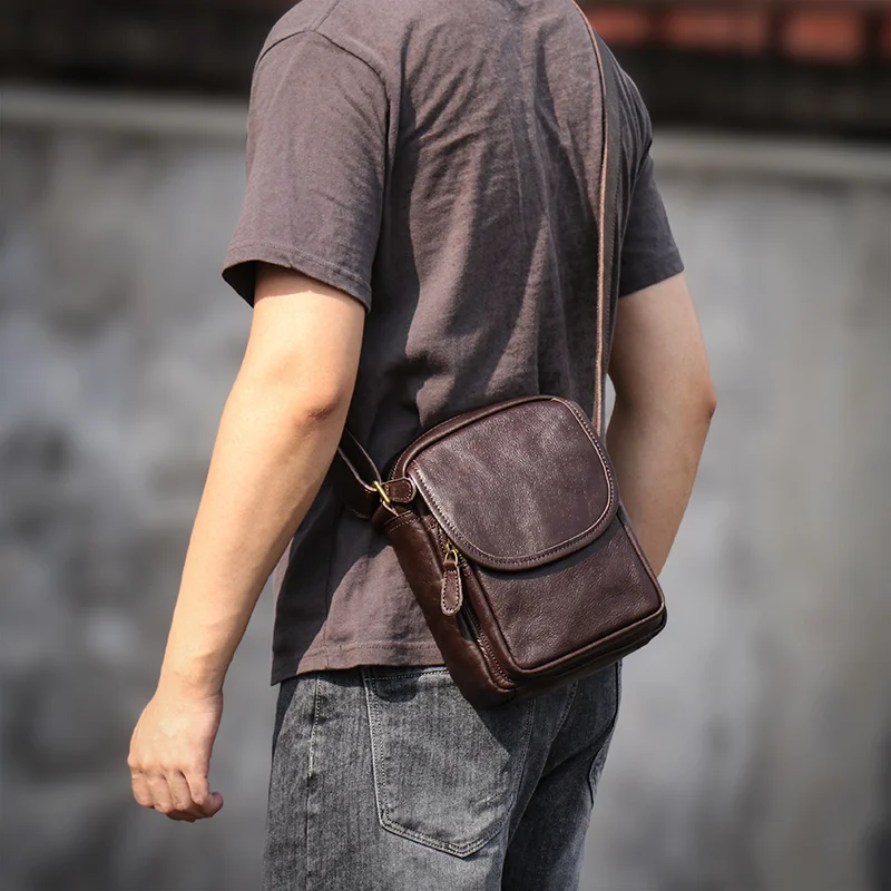 Leather Zipper Men's Shoulder Bag Natural Cowhide Casual Fashion Satchel Man Retro Small Bag 7.9 Inch Ipad