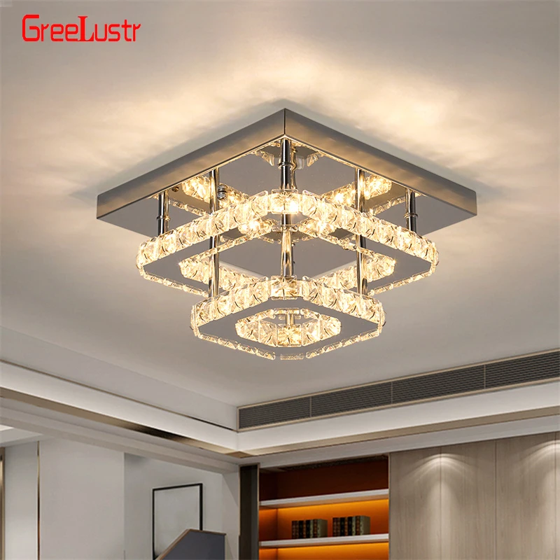 

Modern Square K9 Crystal Ceiling Lamp Plafon Stainless Steel Luminaire For Hallway Aisle Home Decor Led Fixture Lustres Lighting