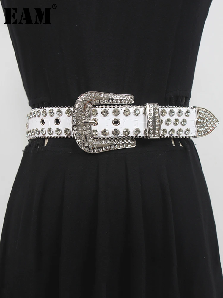

[EAM] Pu Leather Rhinestones White Long Wide Belt Personality Women New Fashion Tide All-match Spring Autumn 2023 1DE7237