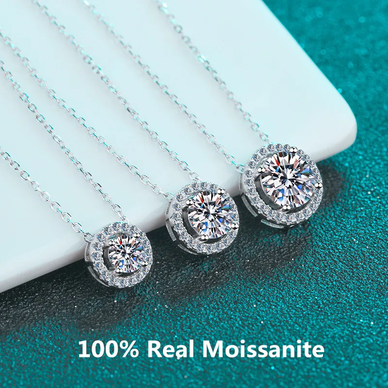 

Certified Moissanite Necklace for Women 0.5-2CT VVS Brilliant Moissanite Diamond Halo Pendent Necklaces Anniversary Gift