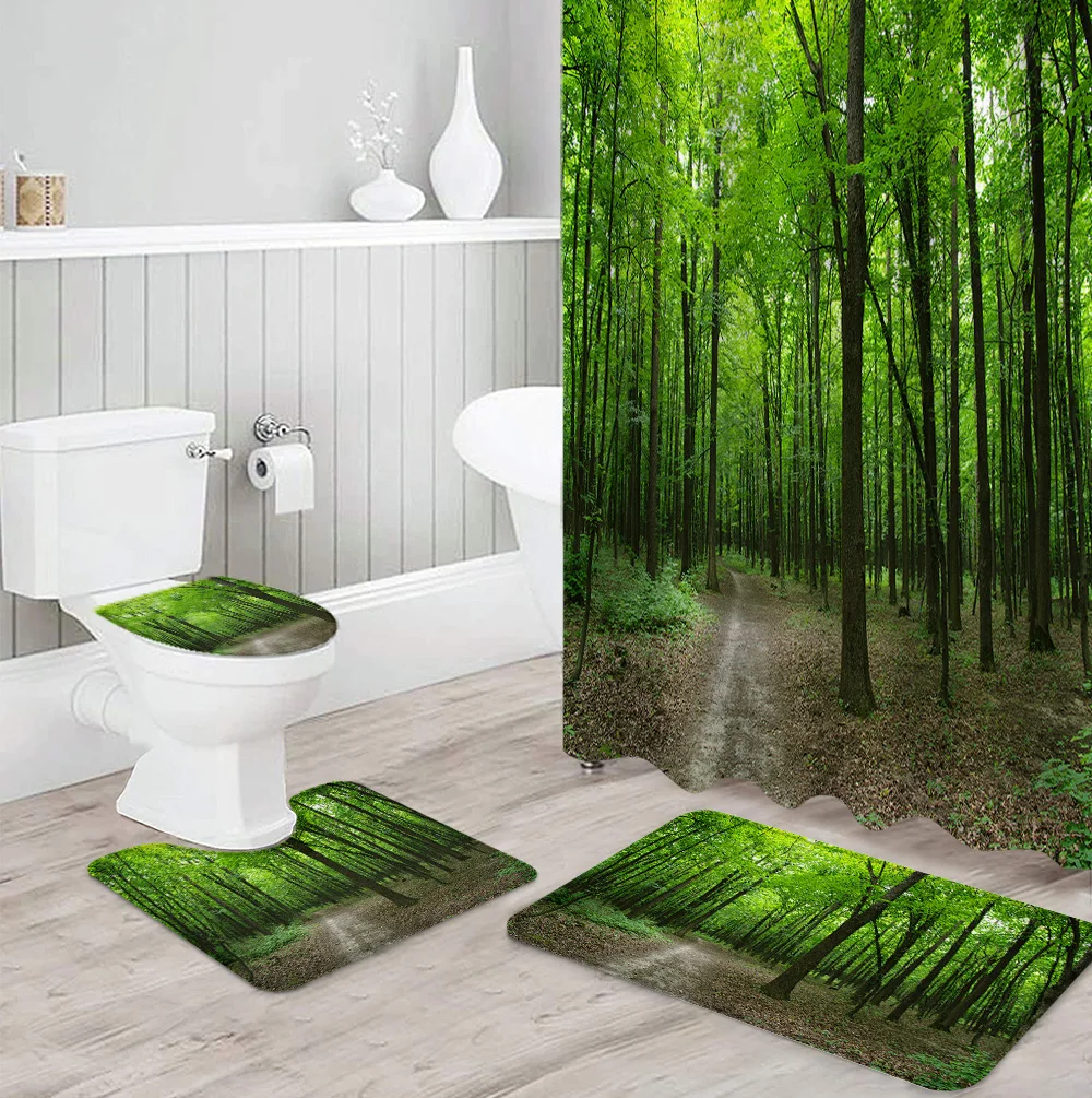 

Набор занавесок для душа с зеленым лесом, накидка на ковер, чехол для унитаза, коврик для ванной комнаты, для дома