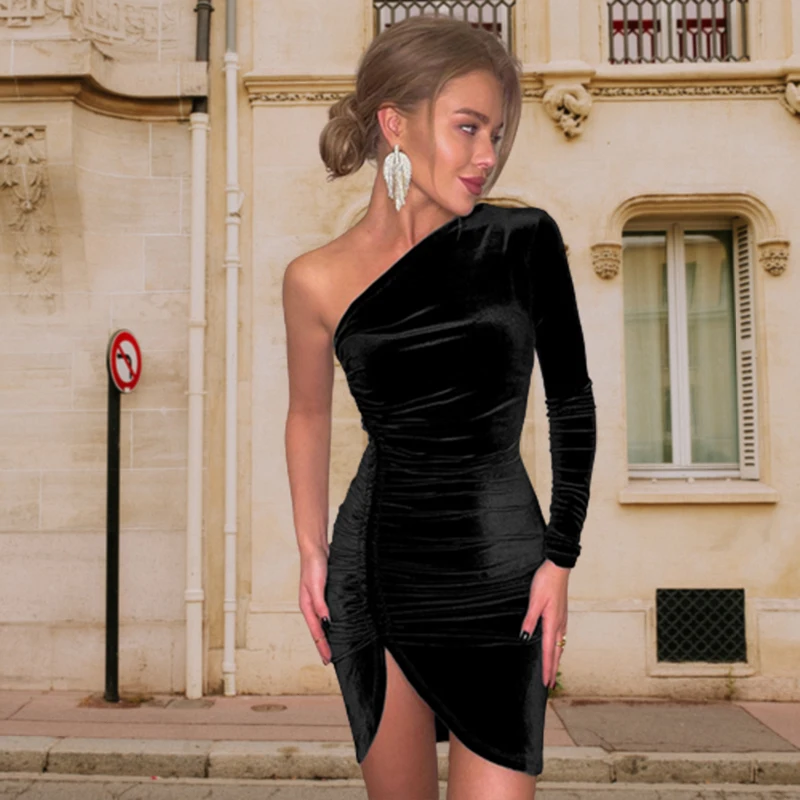 New Solid Long Sleeve One Shoulder Ruched Slit Velvet Midi Dress Sexy Party Club Elegant Bodycon Dresses Femme Robe Longue