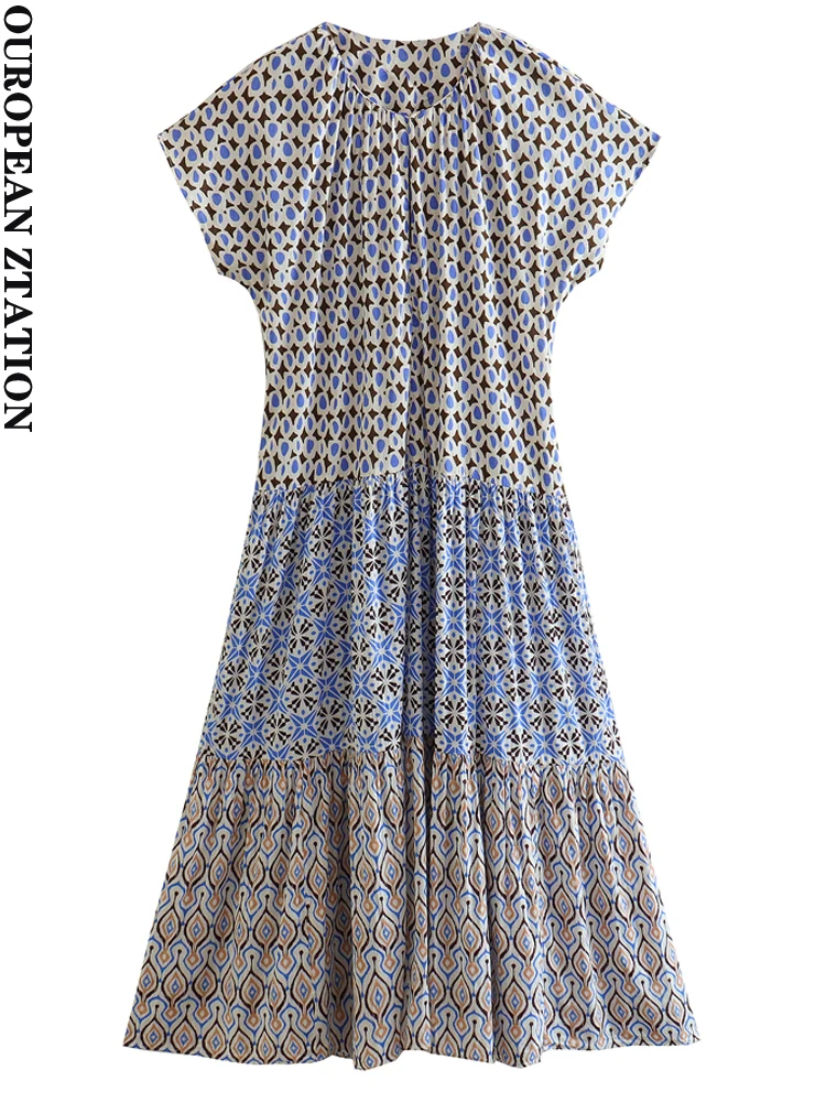 

PAILETE Women 2023 fashion patchwork printed midi dress vintage o neck short sleeve female dresses vestidos mujer
