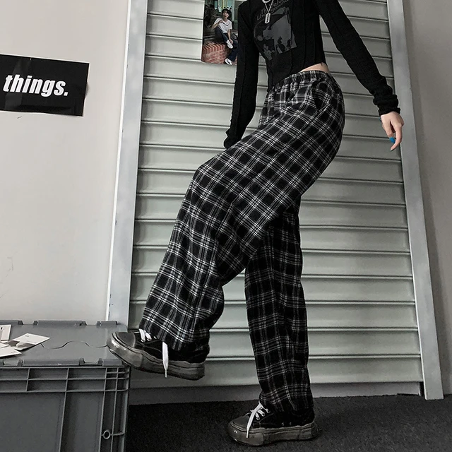 Kobiety wysokiej talii spodnie w kratę amerykański Retro dorywczo luźna szeroka spodnie nogi kobiet Harajuku Hip-Hop wszystkie mecze spodnie wiosna nowy 3