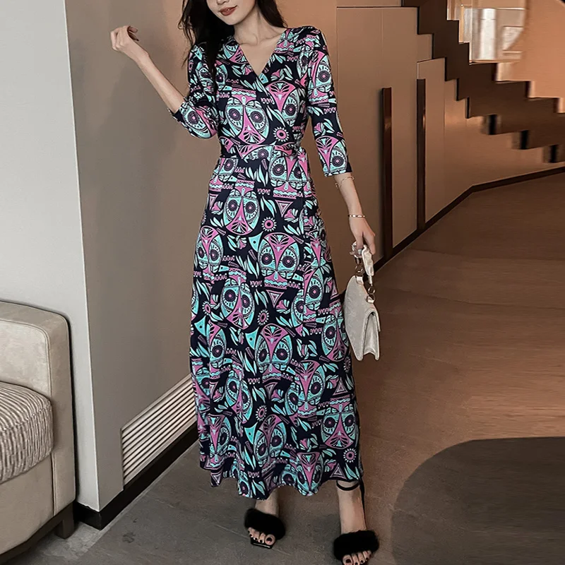 

Y2K Print Long Dresses Women Fashion Wrap Dress Sexy V Neck Split Slim Party Pom Maxi Dress Casual Streetwear Summer Vestidos