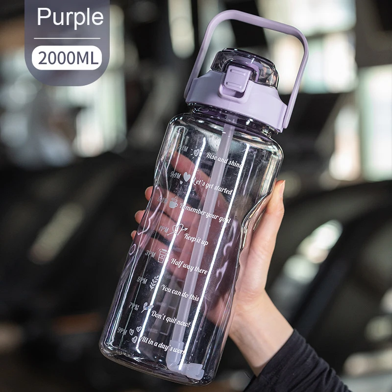 Large-capacity Sports Water Cup 2 Litre Water Bottle with Straw Fitness Plastic Cup Portable Clear Water Bottle with Time Marker