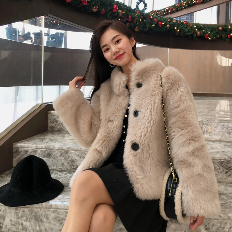 

genuine Luxury brand 2023 New Winter Jacket Women Overcoat Single Breasted Woven Real Natural Wool Fur Turn-down Collar Warm Loo