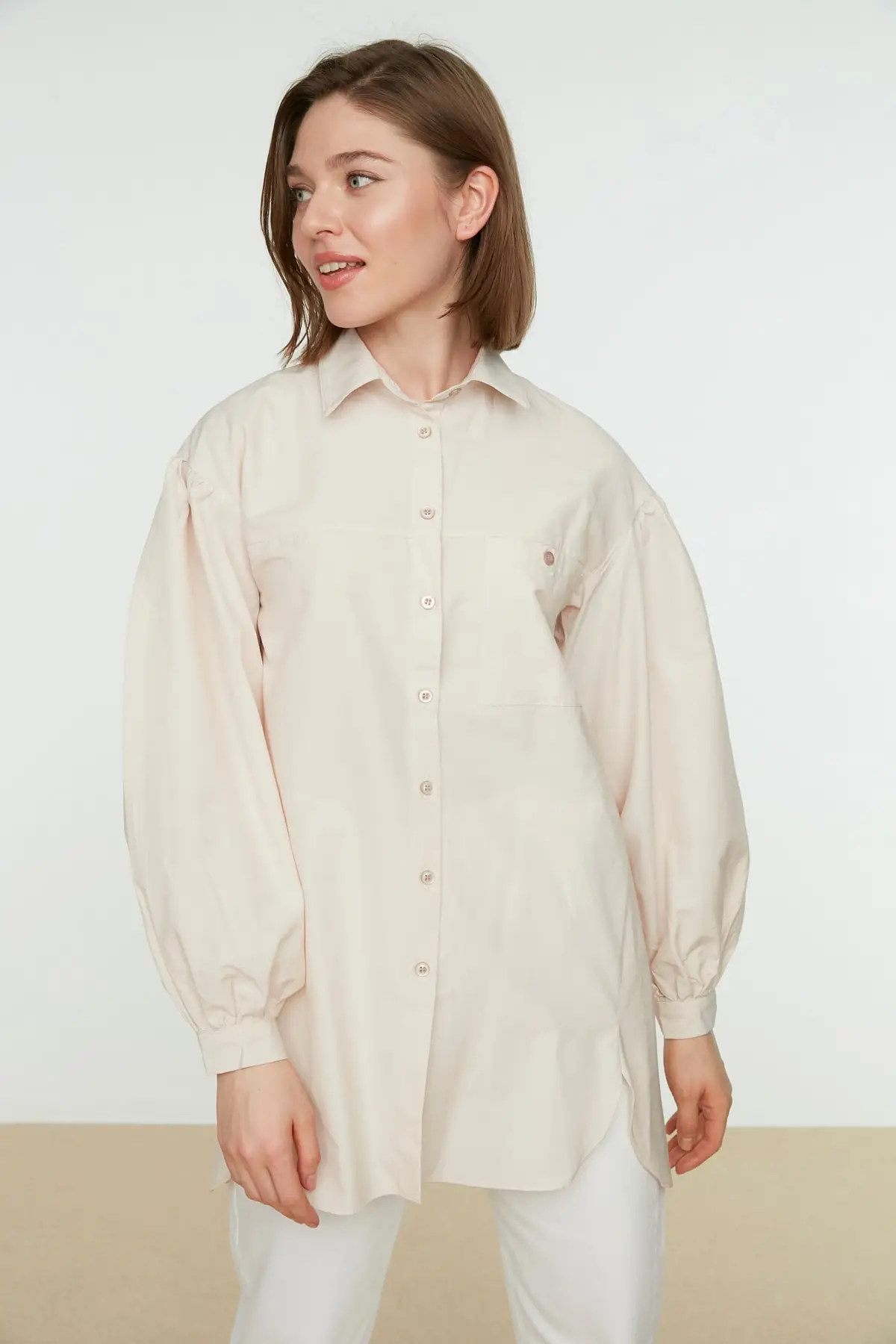 Stone Balloon Sleeve Back Long Pocket Detail Basic Woven Shirt TCTSS21GO0976 Additional Feature Available Don 'T Single Flat Casual Collar