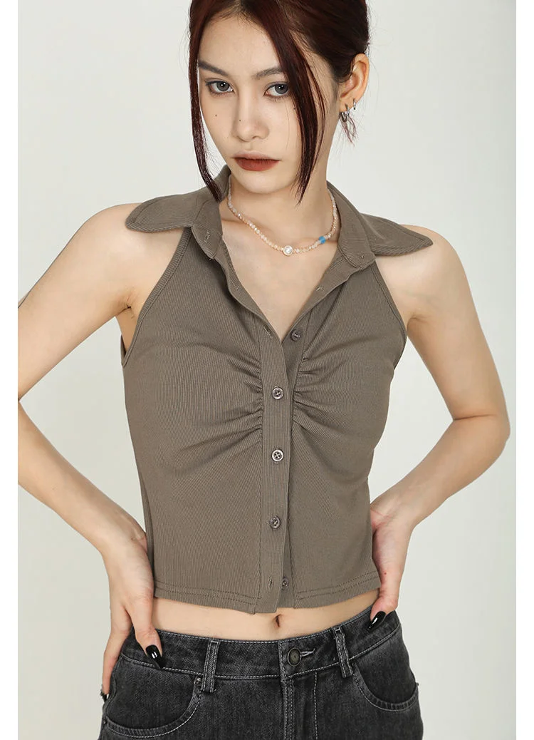 

Летний сезон 2023, новинка, укороченный топ Y2K, Женский приталенный Топ Без Рукавов на пуговицах, американская рубашка-поло для женщин