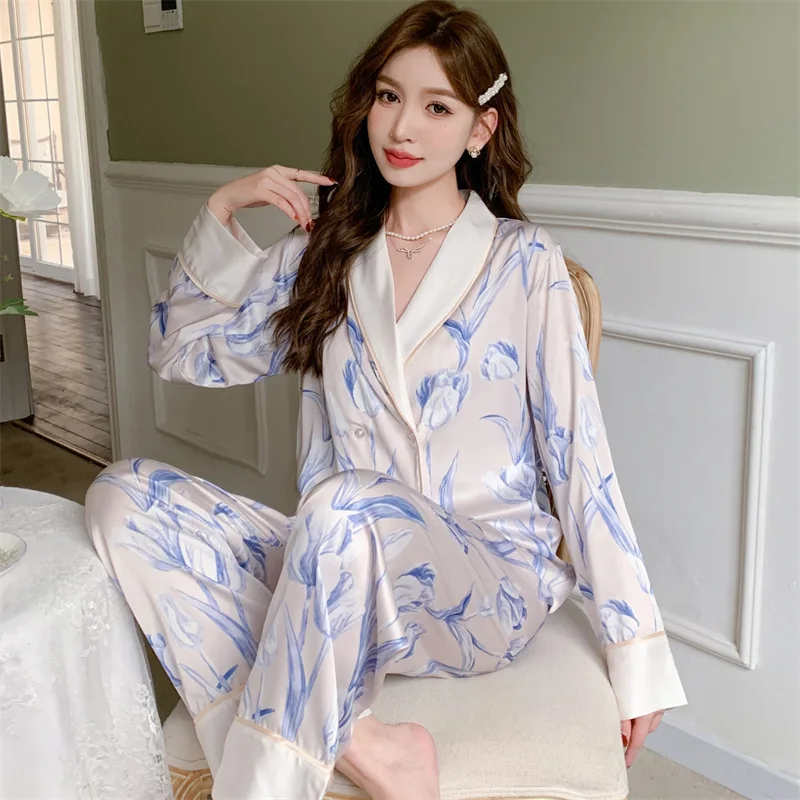 2023 Spring and Autumn New Pajamas Women's Artificial Silk Tulip Printed Long-Sleeved Trousers Cardigan Homewear Green Fruit Col