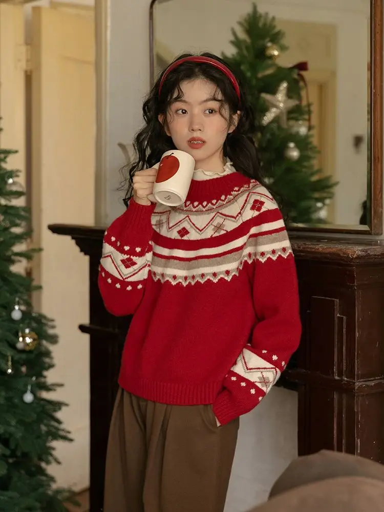 Новогодний и рождественский красный вязаный свитер женский зимний свободный топ