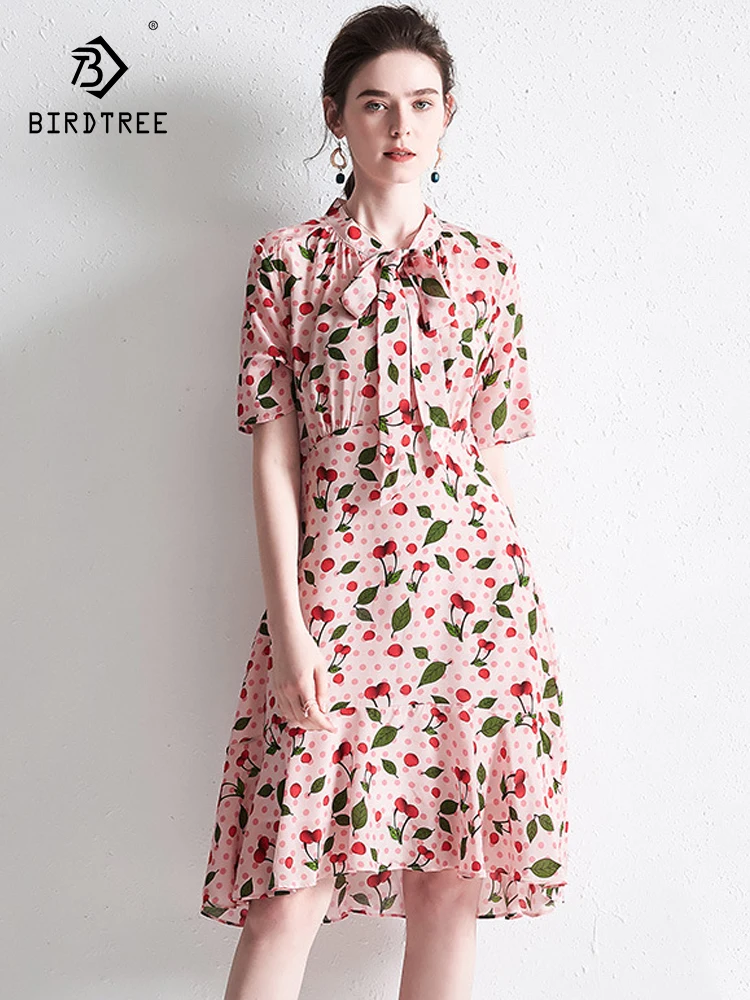 Birdtree 100%Mulberry Silk Printing Dress 2023 Summer New Slimming Fashion Show Thin Super Fairy Floral A-Word Dresses D37453QC