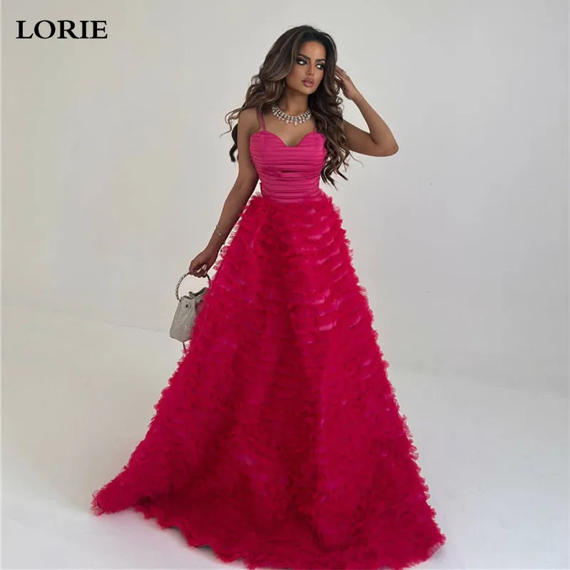 

LORIE Hot Pink Spaghetti Straps Prom Dresses A Line Tiered Evening Party Dress Sweetheart Neck Side Split Prom Gowns 2023