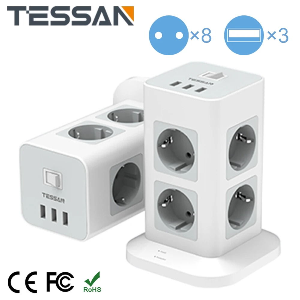 

Удлинитель TESSAN с розетками на 3/8 розеток переменного тока, 3 USB-порта, удлинитель ЕС с переключателем ВКЛ/ВЫКЛ и кабелем 1,5 м/2 м