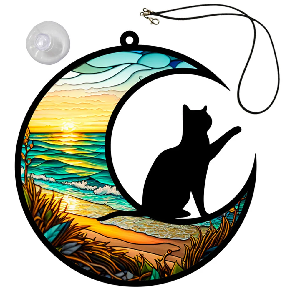 

1 Set of Cat And Moon Wall Cat Moon Pendant Acrylic Hanging Moon Cat Wall Decoration