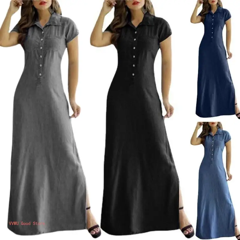 

Женское длинное джинсовое платье-трапеция, повседневное однотонное платье-рубашка с коротким рукавом, воротником с лацканами и пуговицами на лето