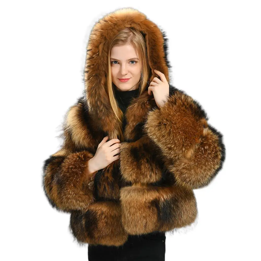 Natural Real Fox Fur Hooded Jacket For Women Fashion Slim Noble Short Outwear Winter Natural Raccoon Fur Thicken Warm Parka Coat