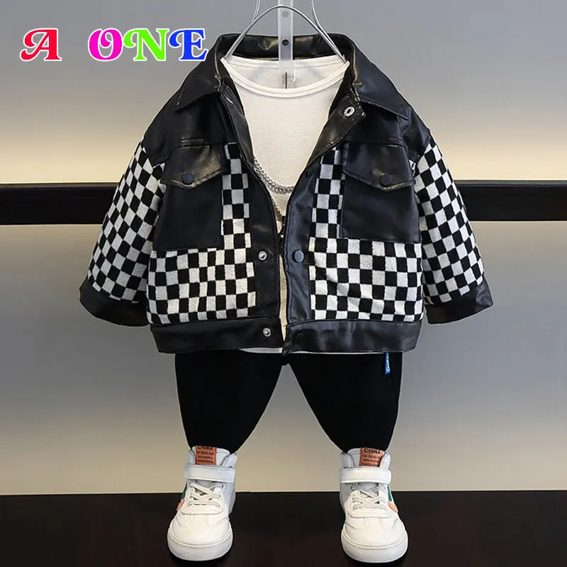 

winter toddler boys down kids coat baby jacket fashion PU plaid velvet boys coat baby clothes baby parkas 2-10y