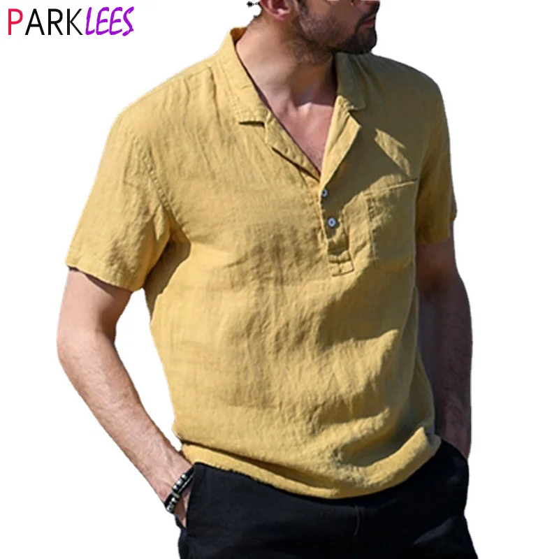 

Green Mens Short Sleeve Cuban Camp Guayabera Shirt Linen Cotton Hippie Beach Button Down Shirts Breathable Lightweight Chemise