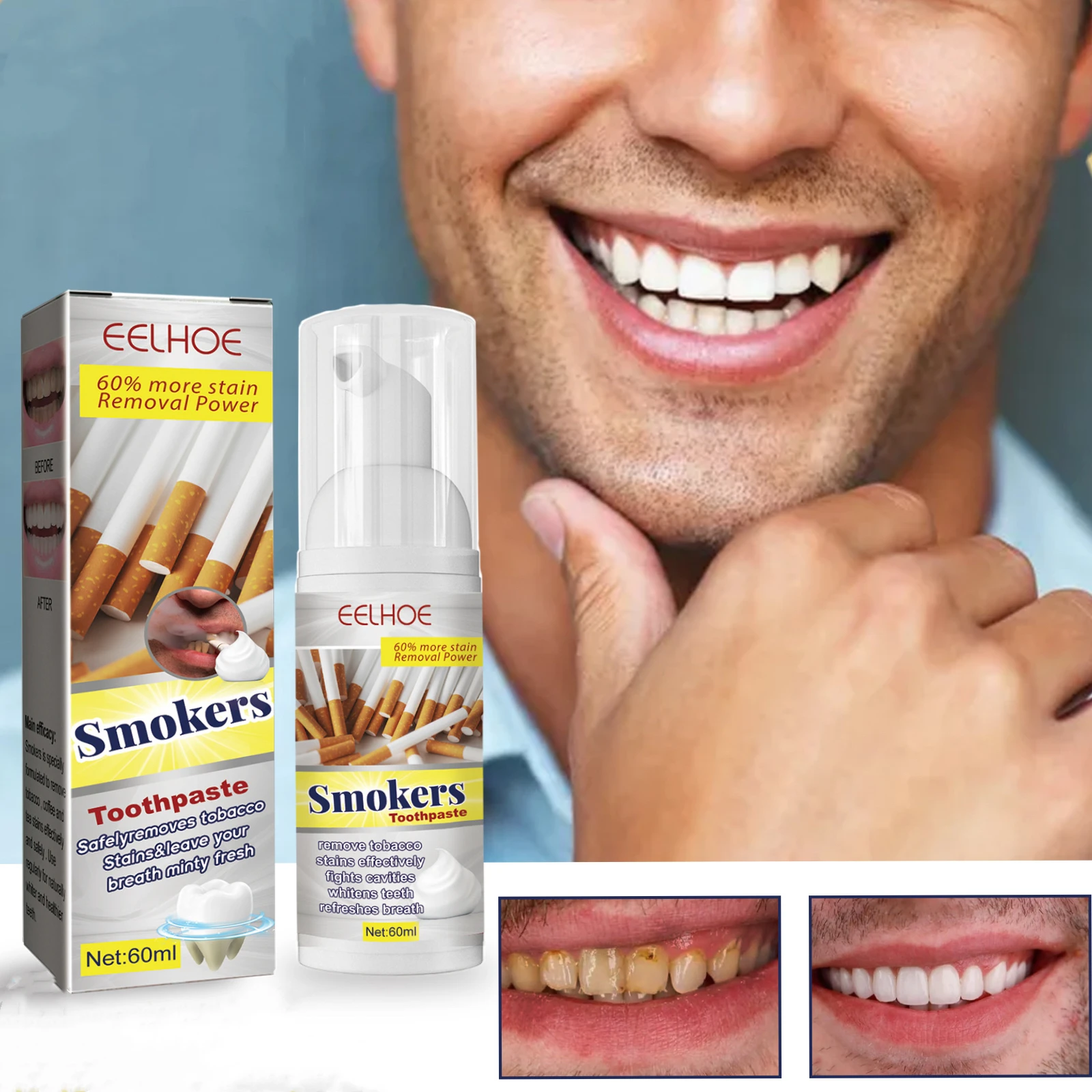Smoke stain removal stain tooth yellow clean teeth brightening fresh oral care toothpaste healthy and beautiful