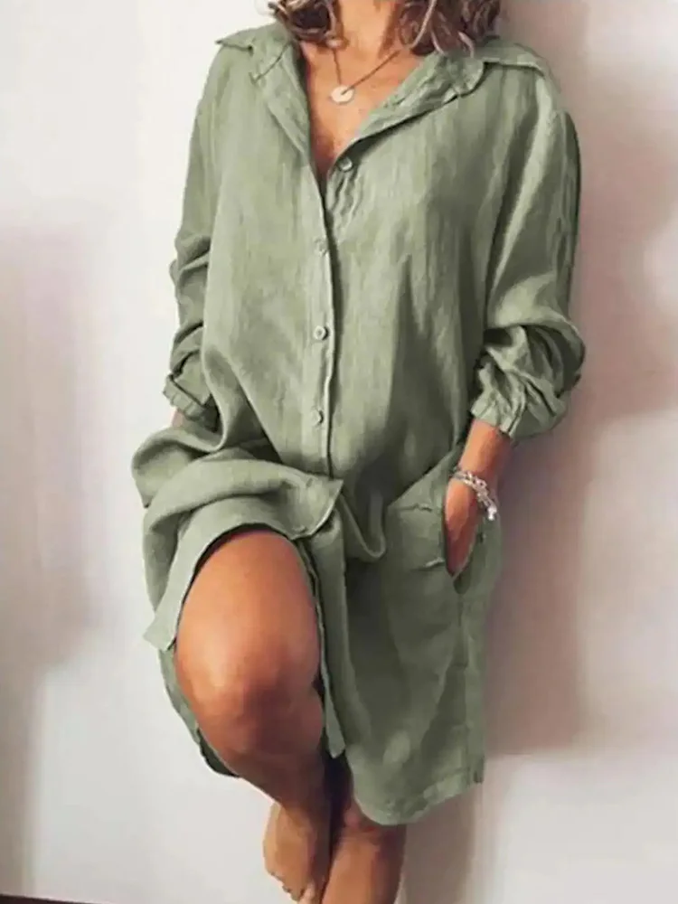 

Elegant V Neck Office Lady Shirt Dress Women Loose Waist Solid Casual Dress Single Breasted Long Sleeve Pockets Dress Vestidos