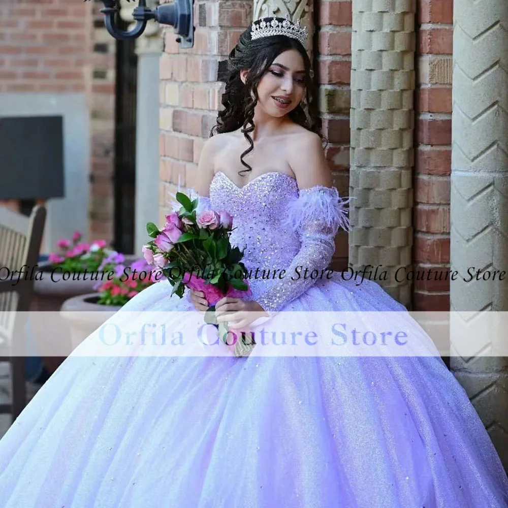 Фото Lanvender Quinceanera платья с перьями с открытыми плечами мексиканские Vestidos De XV лет милое 16 нарядное платье №2