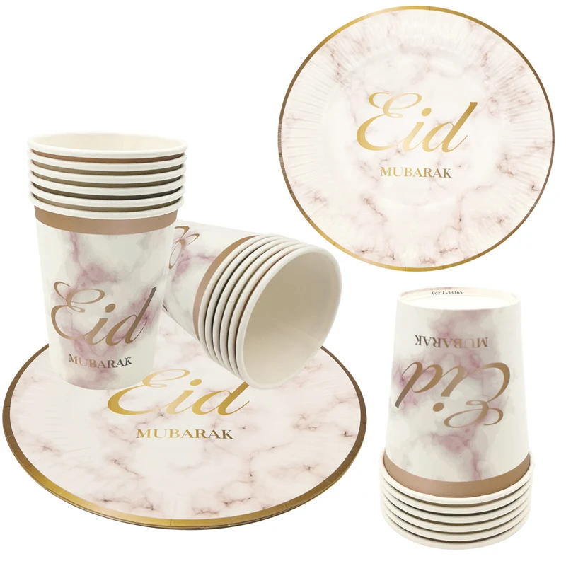 

6Pcs EID MUBARAK White Paper Plates Cups Tableware Islamic Muslim Eid al-Fitr Mubarak Ramadan Kareem Decoration Party Supplies