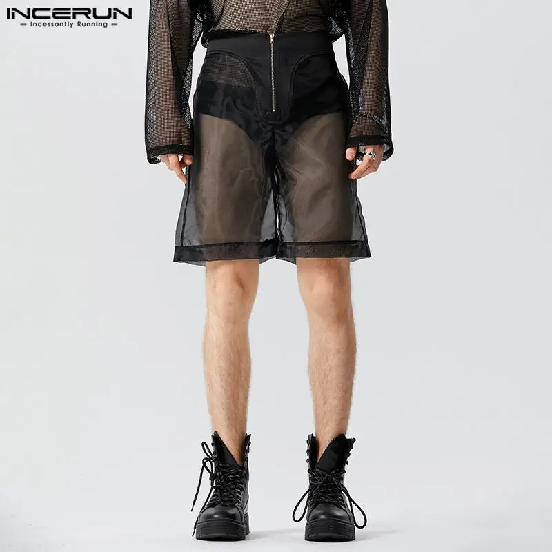 

INCERUN Men Shorts Loose Zipper Mesh Patchwork Streetwear Sexy Men Bottoms 2023 Transparent Summer Party Fashion Shorts S-5XL