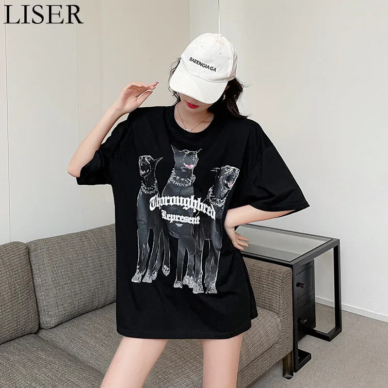 

2022 Summer New Women'S T-Shirt Loose Round Neck Shoulder Pad Short-Sleeved T-Shirt Printing Casual Wild T-Shirt Black LL1181