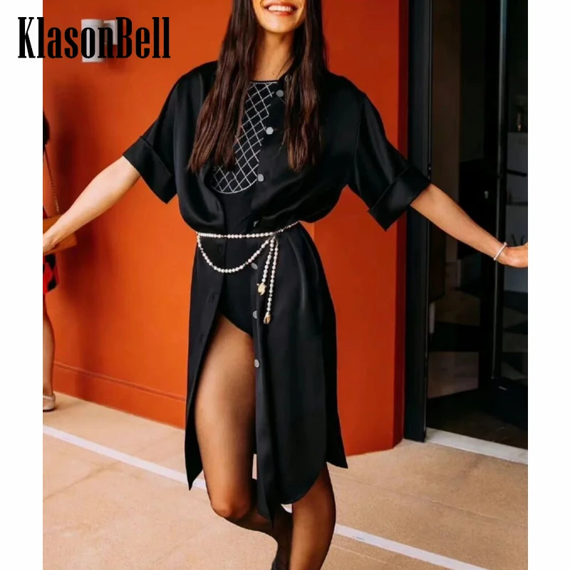 

6.8 KlasonBell Runway Holiday Rhinestone Button Decoration Black Split Shirt Dress Without Belt
