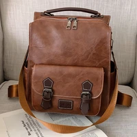 wr 2022 trendy womens backpack vintage pu leather daypack brown mochilas para mujer casual travel bag retro student school bag