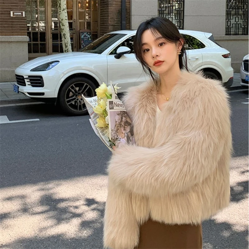 2022 Winter Women Fashion Faux Fox Fur Coats Warm Feather Coats Korea Fashion Lady Party Elegant Outfits Loose Short Outercoat