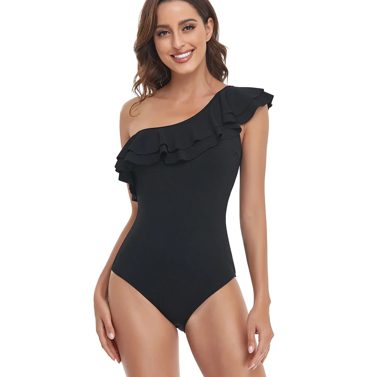 

New plain color one-shoulder flounces one-piece pit strip swimsuit for women