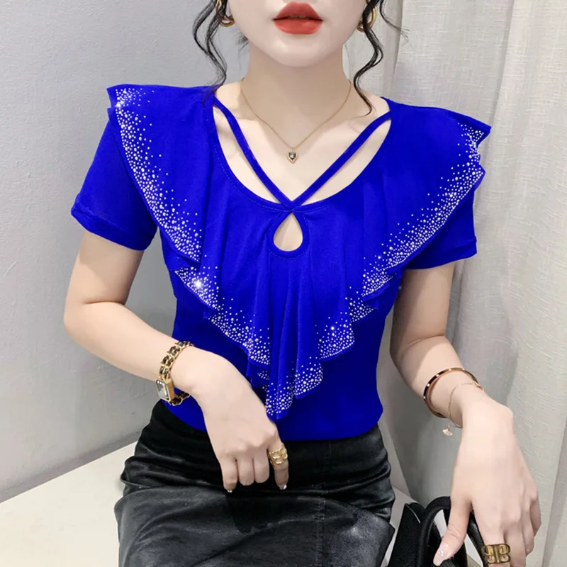 

New 2023 Summer Spring Short Sleeved V-Neck Ruffles Women's T-Shirt Fashion Casual Hot Diamond Mesh Tops Blusas