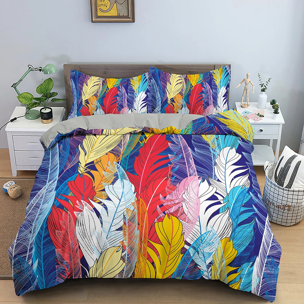 

Cover Set King Size Quilt Cover With Pillowcase Adults Kids Comforter Cover Blue Feather Print Bedding Set Polyester Duvet