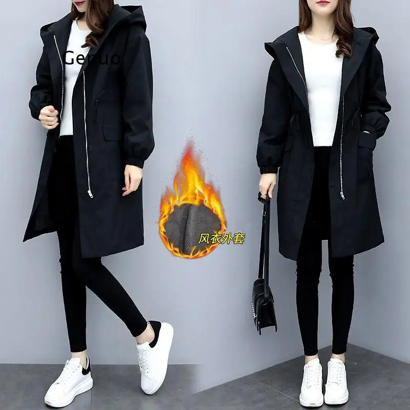 Trench Coats Women Autumn Winter Hooded Drawstring Pocket Zipper Long Outwear  Elegant Ladies Thicken Windbreaker Coats