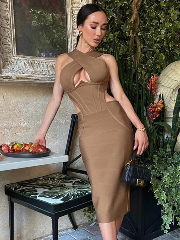 

Sexy Women's Bandage Dress 2022 Summer V-Neck Sleeveless Hollow out Bodycon Midi Off Waist Dress Celebrity Evening Party Vestido