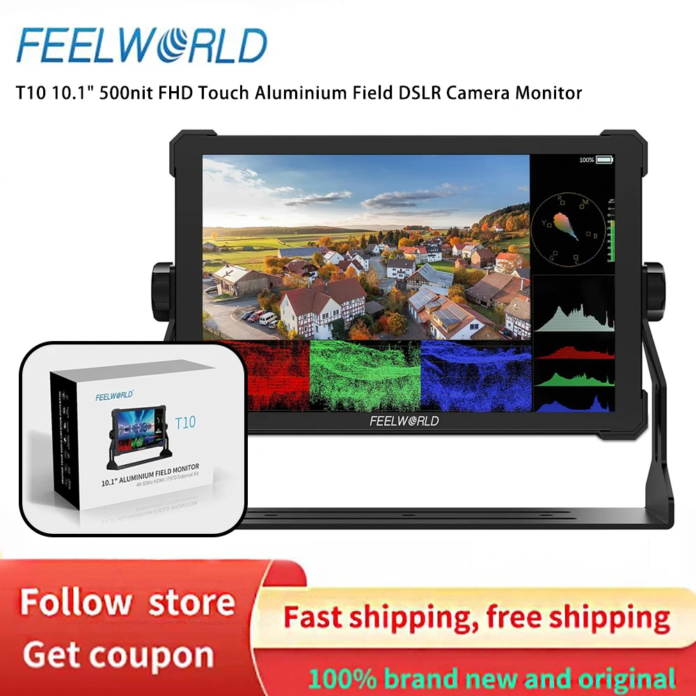 Фото Монитор FEELWORLD T10 для DSLR-камер, FHD, 500 нит, 4K, вход/выход HDMI, HDR, 3D LUT, Waveform, для видеографов и создателей контента №1