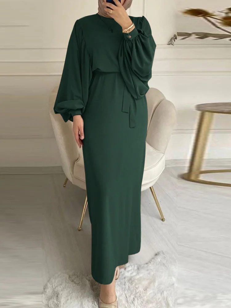 Women Fashion Puff Sleeve Morocco Muslim Dress Abaya Kaftans Casual Evening Modest Dresses Dubai Islam Clothing Long Robe Eid