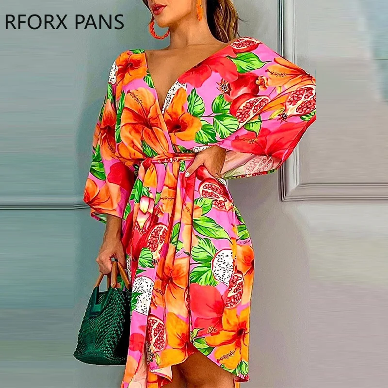 

Women Elegant Deep V Neck Wrist All Over Print with Floral Print Sashes Loose Midi Dresses
