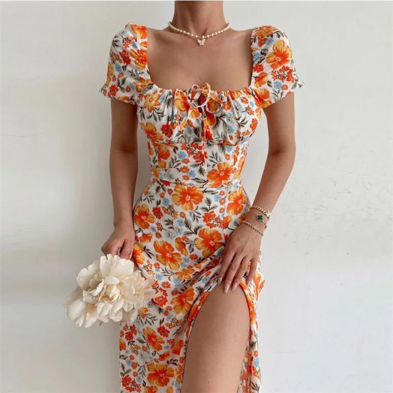 

Summer Sun Dress Boho Off Shoulder Square Neck Short Sleeve Floral Print Bodycon Slit Vestidos Women Elegant Vacation Dresses