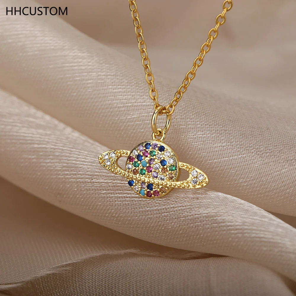 

HHCUSTOM Saturn Necklaces Personality Stainless Steel Diamond Zircon Planet Pendant Choker For Women Punk Hiphop Jewelry Giifts