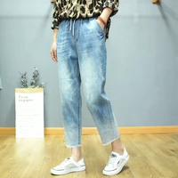 summer baggy jeans for women high waist jeans woman high elastic waist capris jeans female washed loose denim pants