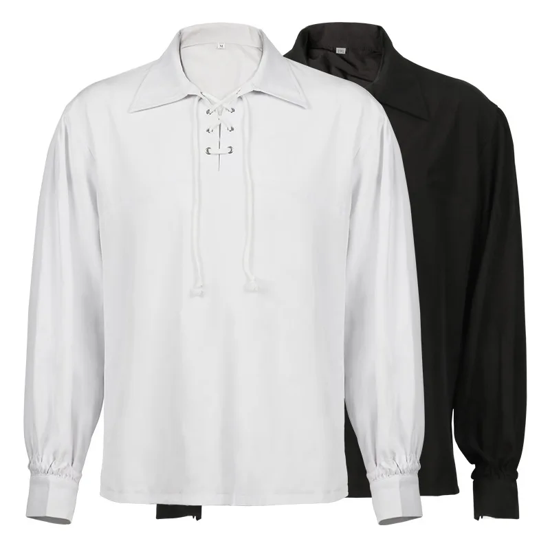 

Victorian White Stand Collar Long Sleeves Mens Shirt Steampunk Tops Medieval Cosplay Costumes Vintage Plus Size Gothic Clothing