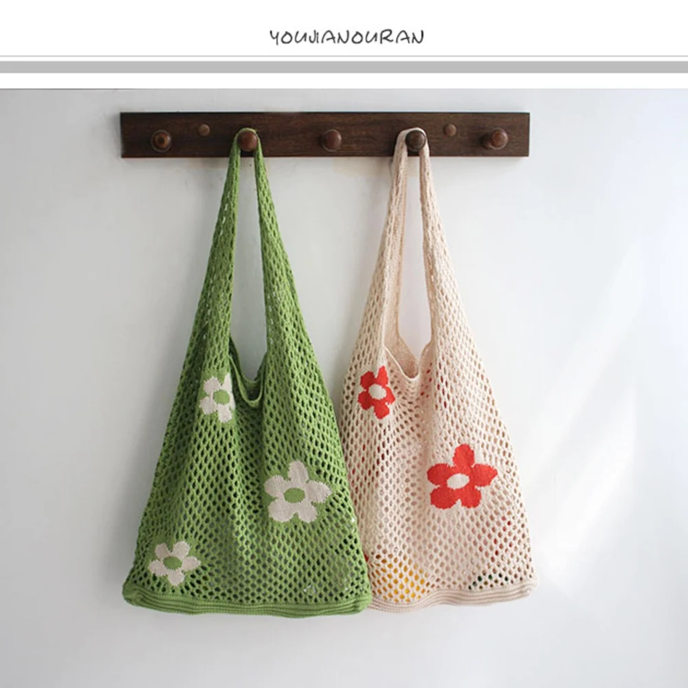 

Flower Portable Reusable Grocery Bags Fruit Vegetable Bag Washable Cotton Mesh Organizer Handbag Short Handle Foldable Net Tote