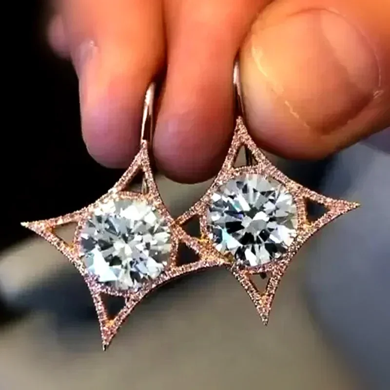 Новые стильные женские висячие серьги с большим круглым фианитом цвета розового