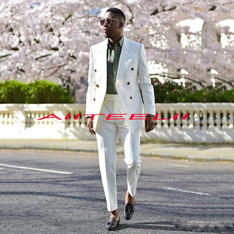 Men's Suit 2 Piece Double Breasted White Classic Wedding Tuxedo Slim Fit Formal Occasion Jacket Trousers Set