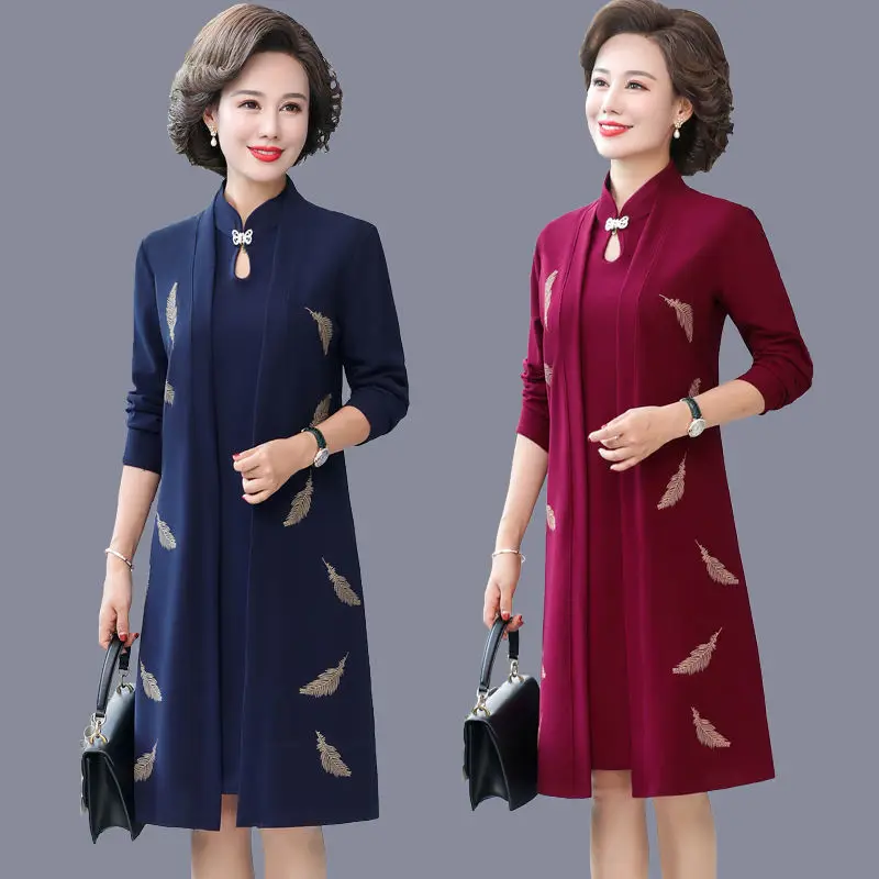 

Women Dress Two Piece Suit Spring Autumn Noble Elegant Cheongsam Dress Middle-aged Mother Embroidered Dresses Set 5XL E191